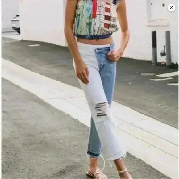 VERVET Norah Crossover Fly Colorblock Jeans 27 High Rise Straight Two Tone NWT - Picture 3 of 12